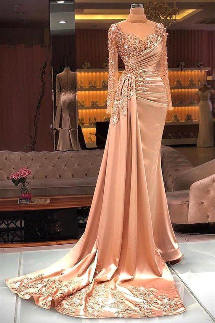 High Neck Mermaid Long Sleeves Lace Sequined Floor-Length Long Sleeve With Side Train Prom Dress