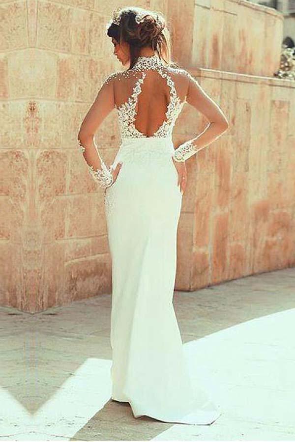High Neckline Sheath Wedding Dresses With Beaded Lace Appliques (ZD16377)