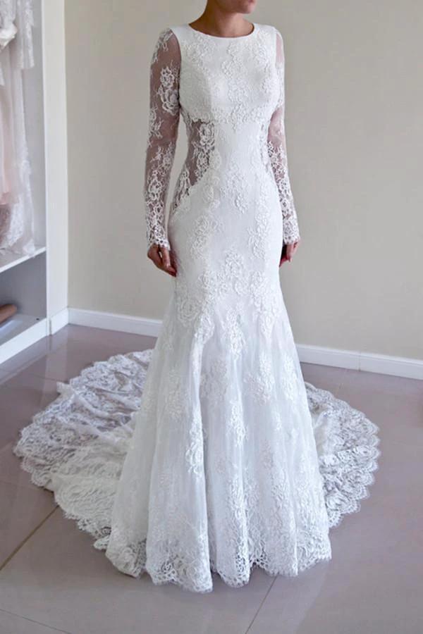 High Quality Scoop Open Back Mermaid Wedding Dress with Long Sleeves (ZD16315)