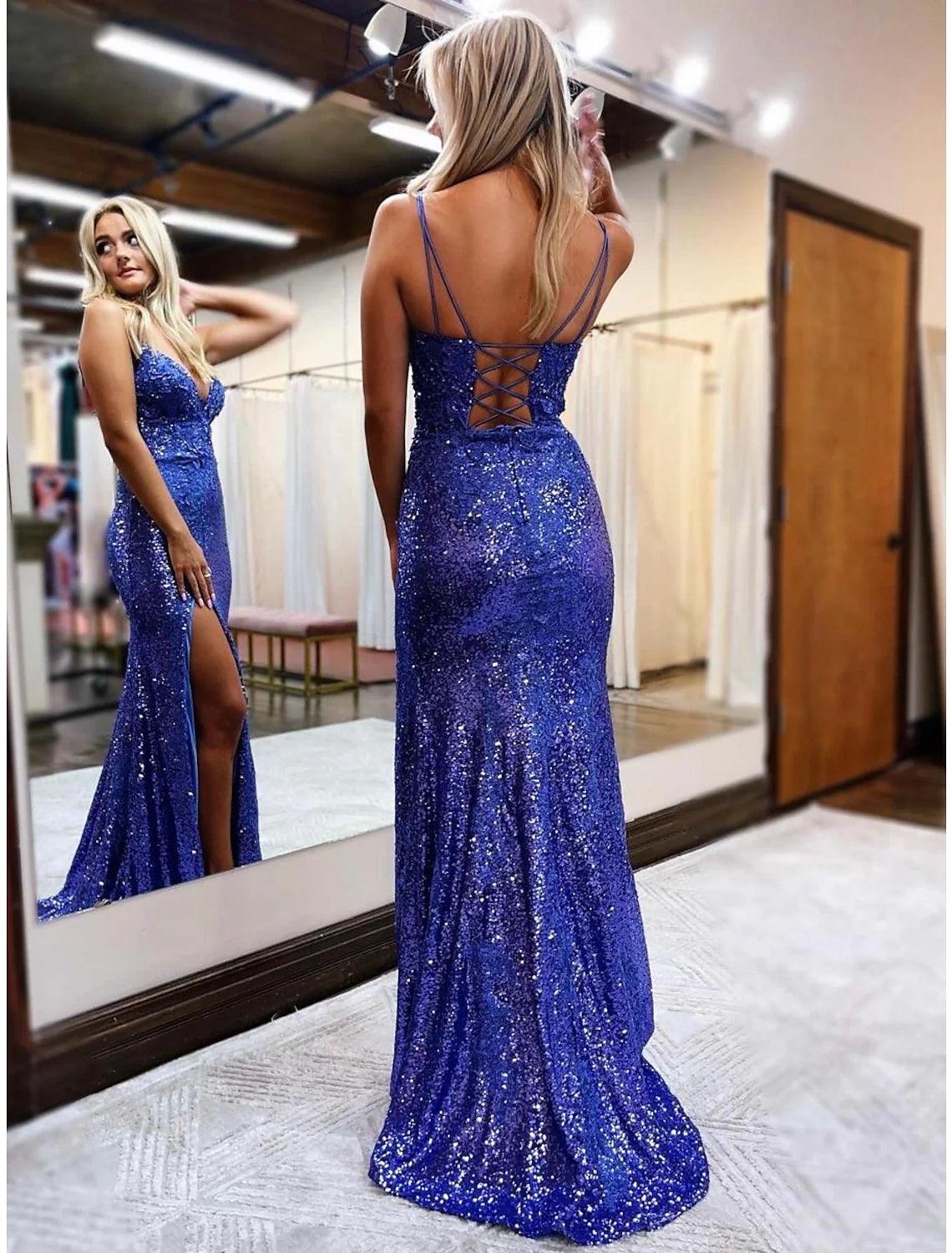 Mermaid Trumpet Prom Dresses Sparkle Shine Dress Formal Wedding Party Sweep Brush Train Sleeveless V Neck Sequined Backless with Glitter Sequin - View 3 | VelvetHem