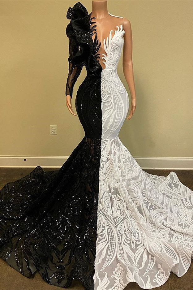 Hot Half Black Half White One-Shoulder Long Sleeves Mermaid Prom Dresses