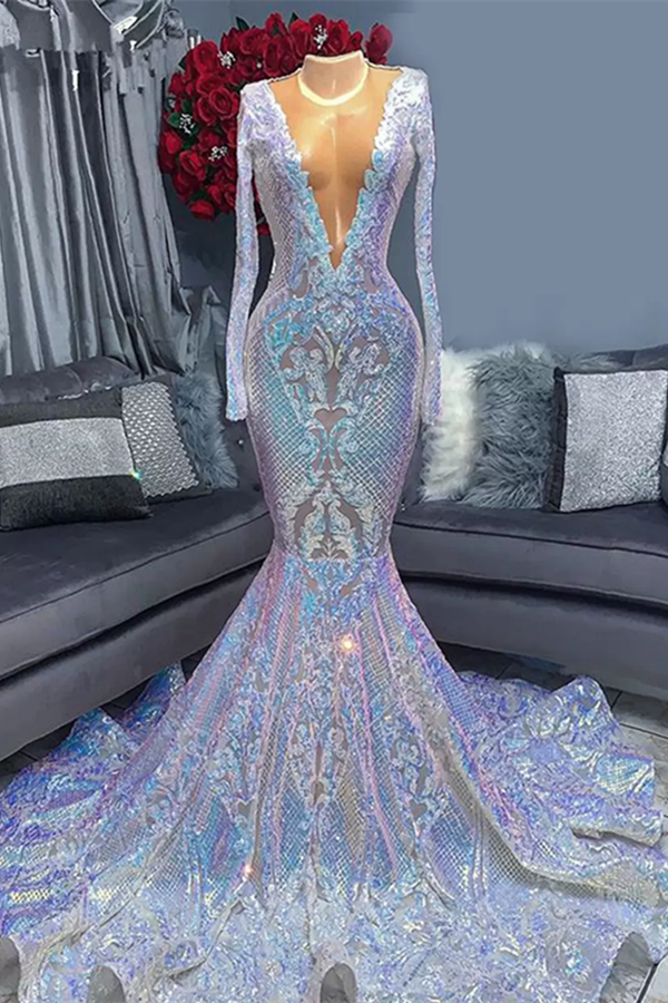 Hot Sparkle Sequin V-Neck Long sleeves Mermaid Prom Dresses