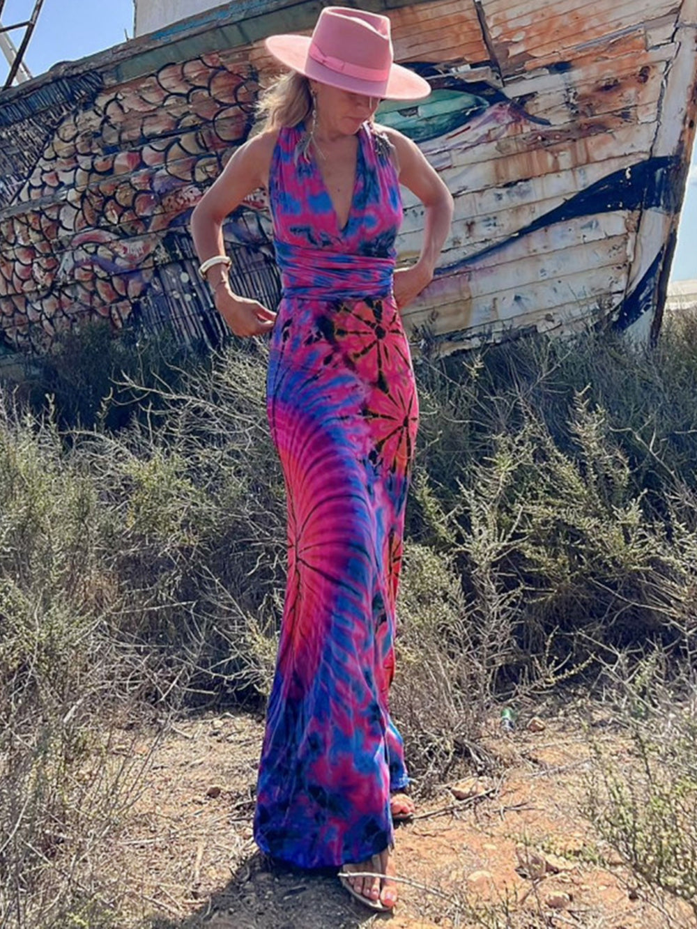 Tie dye Print V neck Cross Back Straps Stretch Maxi Dress