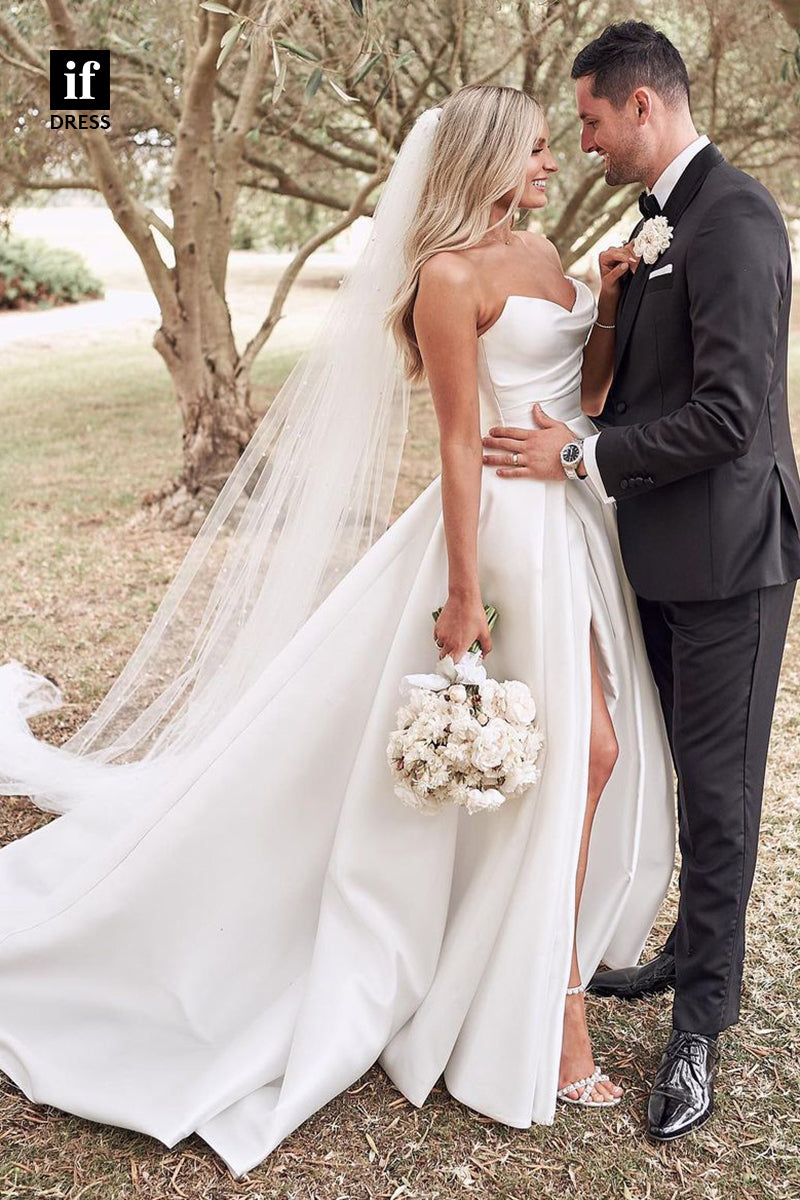 30519 - A-line Strapless Pleats Side Slit Rustic Wedding Dress Satin Bridal Gowns