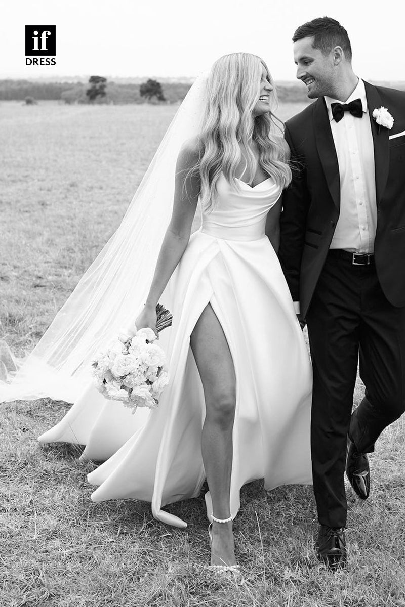 30519 - A-line Strapless Pleats Side Slit Rustic Wedding Dress Satin Bridal Gowns