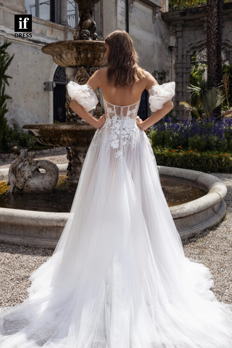30524 - A-line Sweetheart Short Sleeves Lace Appliques Bohemian Wedding Dress
