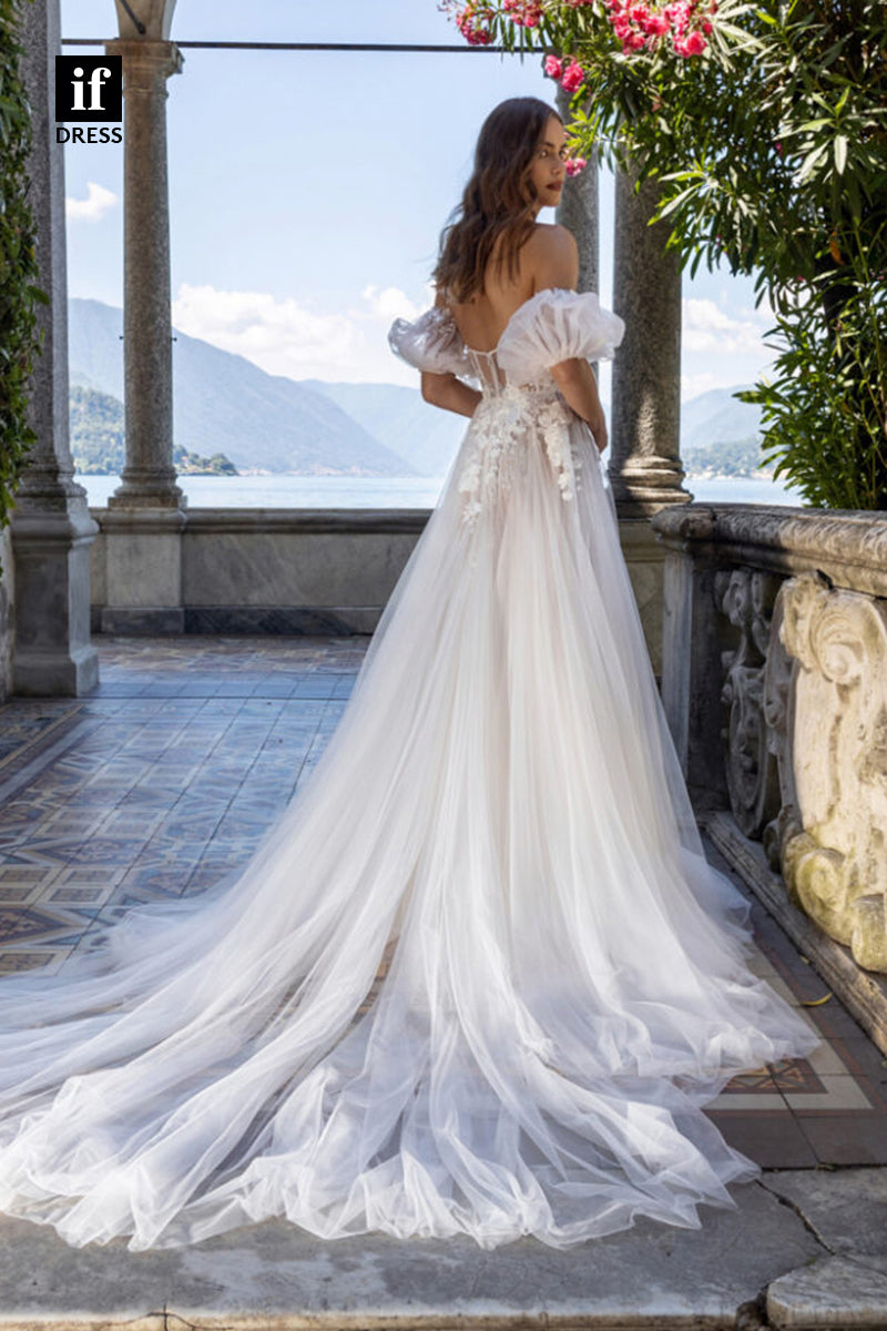 30524 - A-line Sweetheart Short Sleeves Lace Appliques Bohemian Wedding Dress