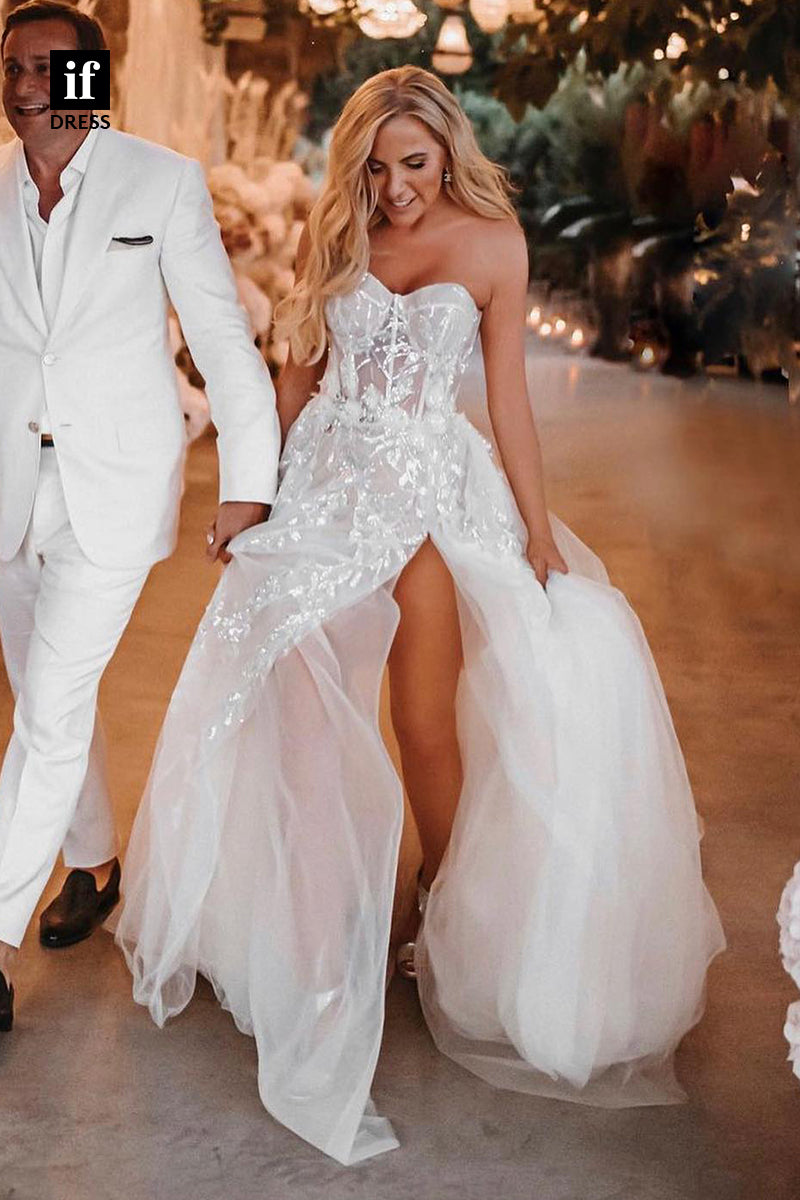 30533 - A-line Sweetheart Lace Appliques Bohemian Wedding Dress with Slit