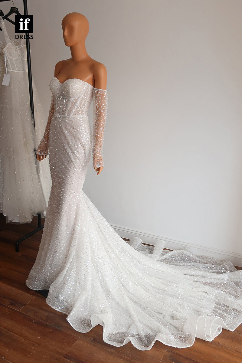 30549 - Off the Shoulder Long Sleeves Sheath Luxury Wedding Dress