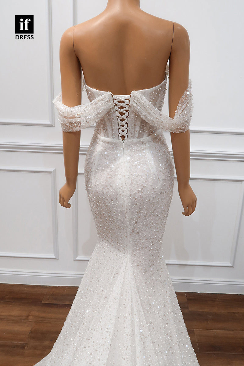 30549 - Off the Shoulder Long Sleeves Sheath Luxury Wedding Dress