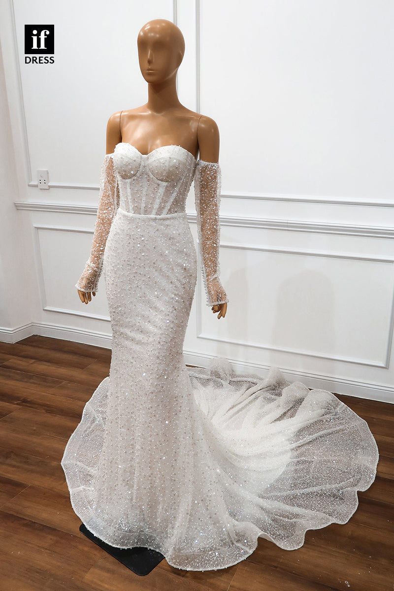 30549 - Off the Shoulder Long Sleeves Sheath Luxury Wedding Dress