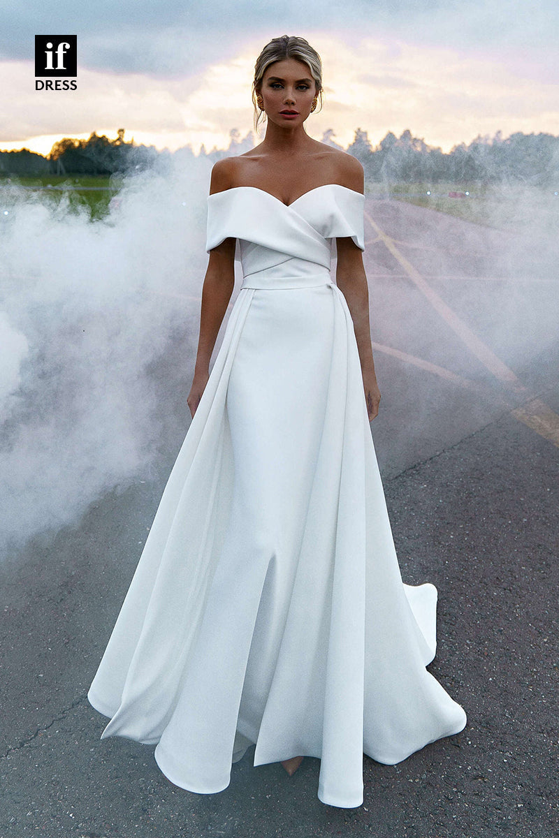 30560 - Off the Shoulder Pleats Satin Detachable Train Wedding Dress