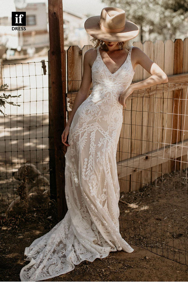 30562 - Sexy V-Neck Illusion Lace Wedding Dress Bohemain Wedding Gown