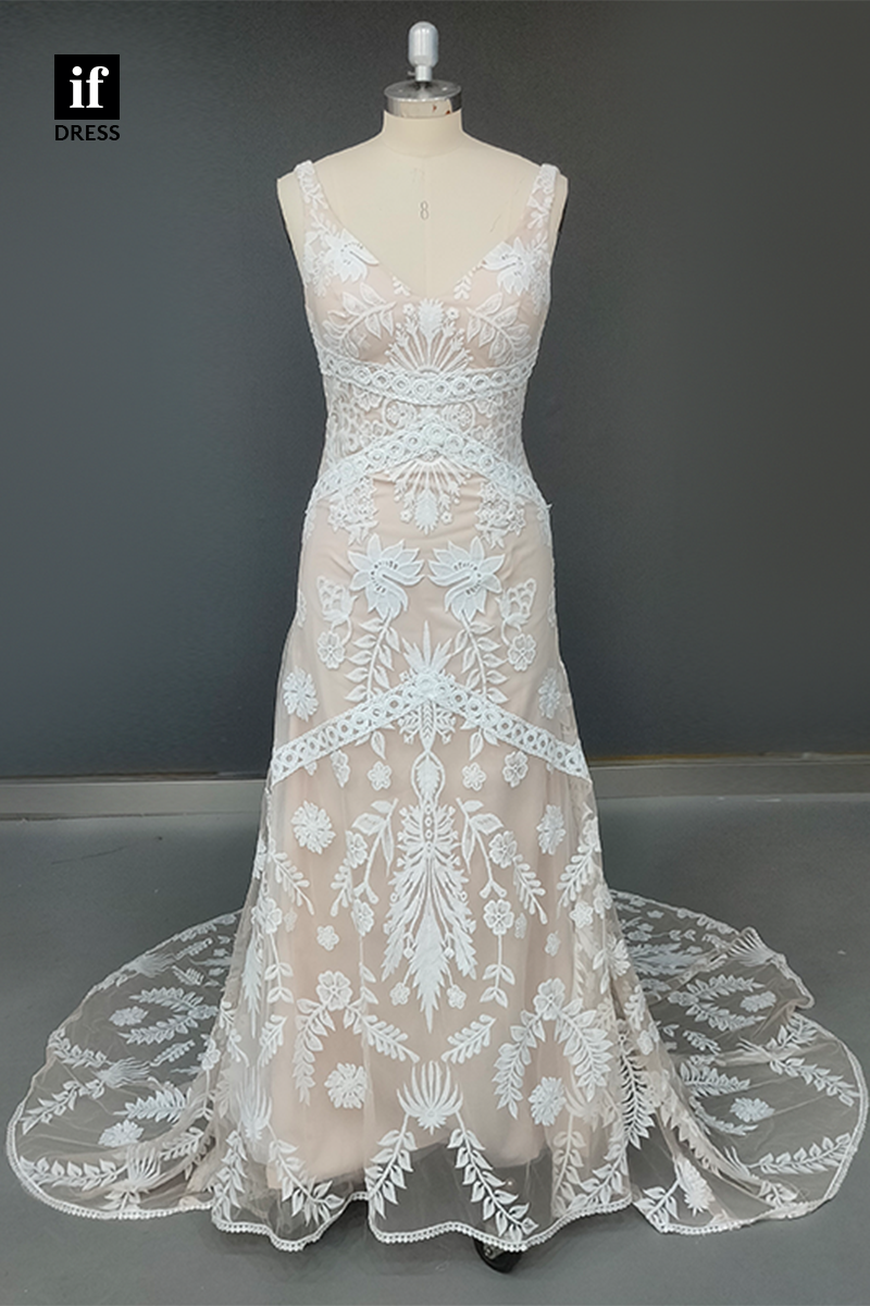 30562 - Sexy V-Neck Illusion Lace Wedding Dress Bohemain Wedding Gown
