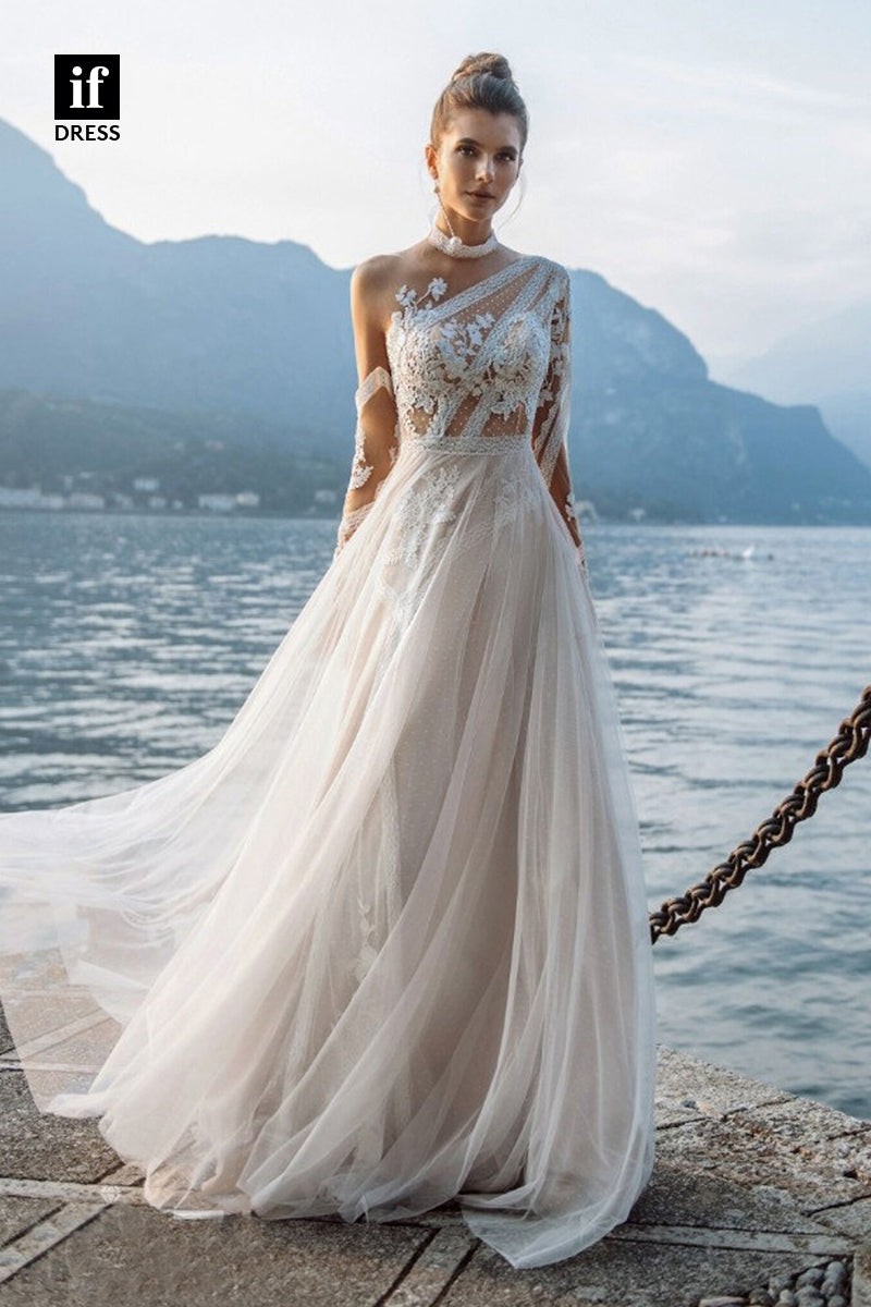 30563 - Illusion Neckline Lace Appliques Long Sleeves Bohemain Wedding Dress