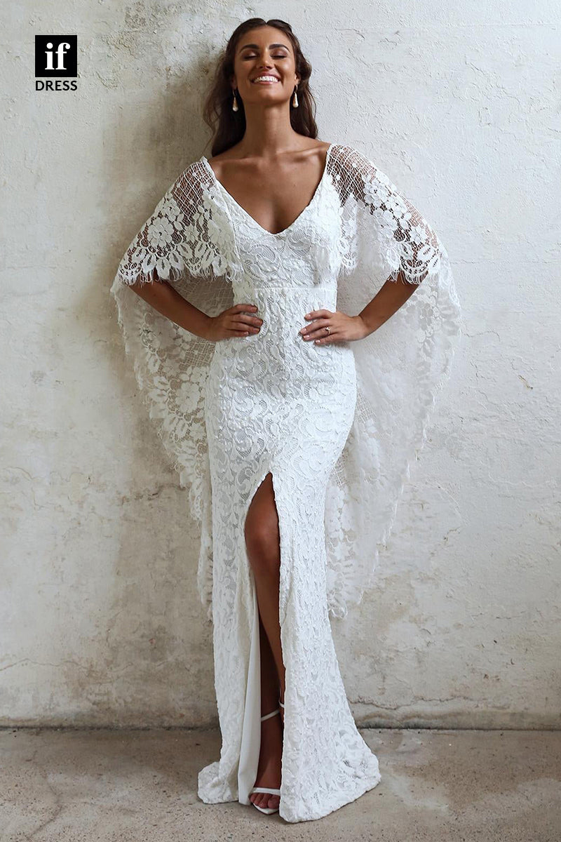30564 - Sexy V-Neck Batting Sleeves Allover Lace Bohemain Wedding Dress
