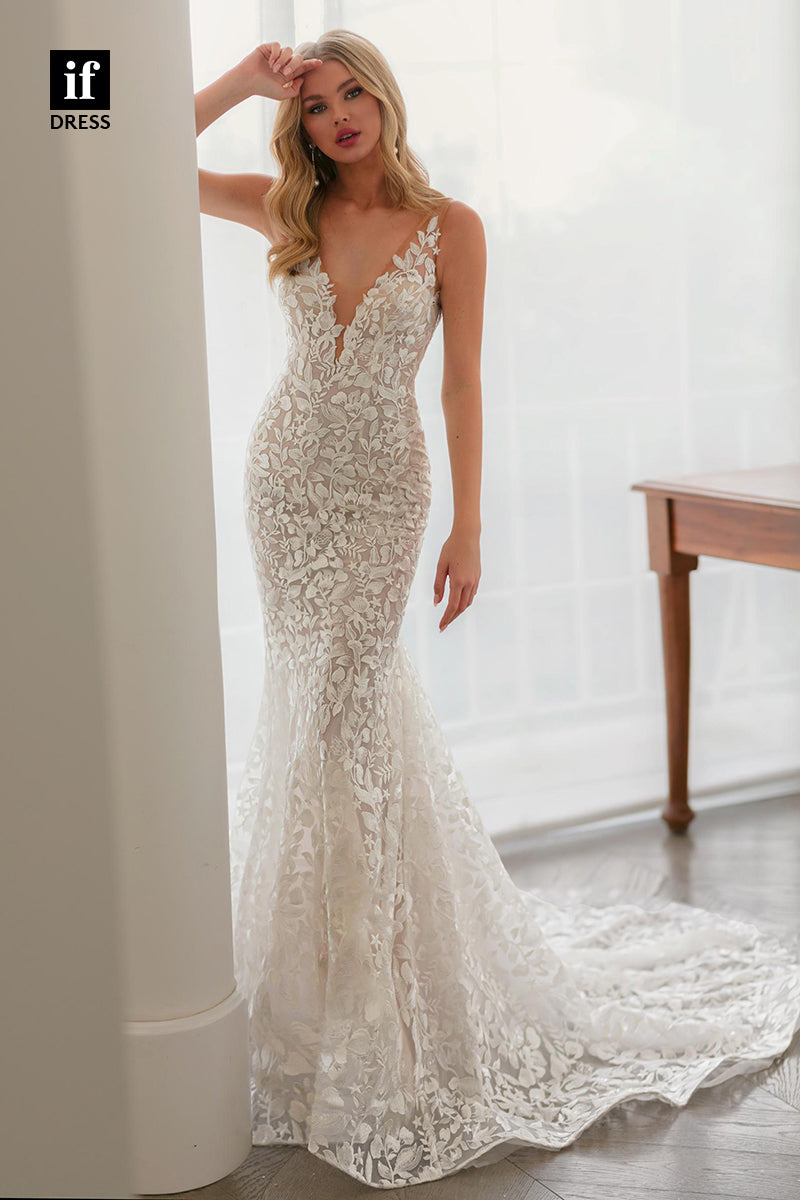 30567 - Illusion V-Neck Allover Lace Mermaid Wedding Dress