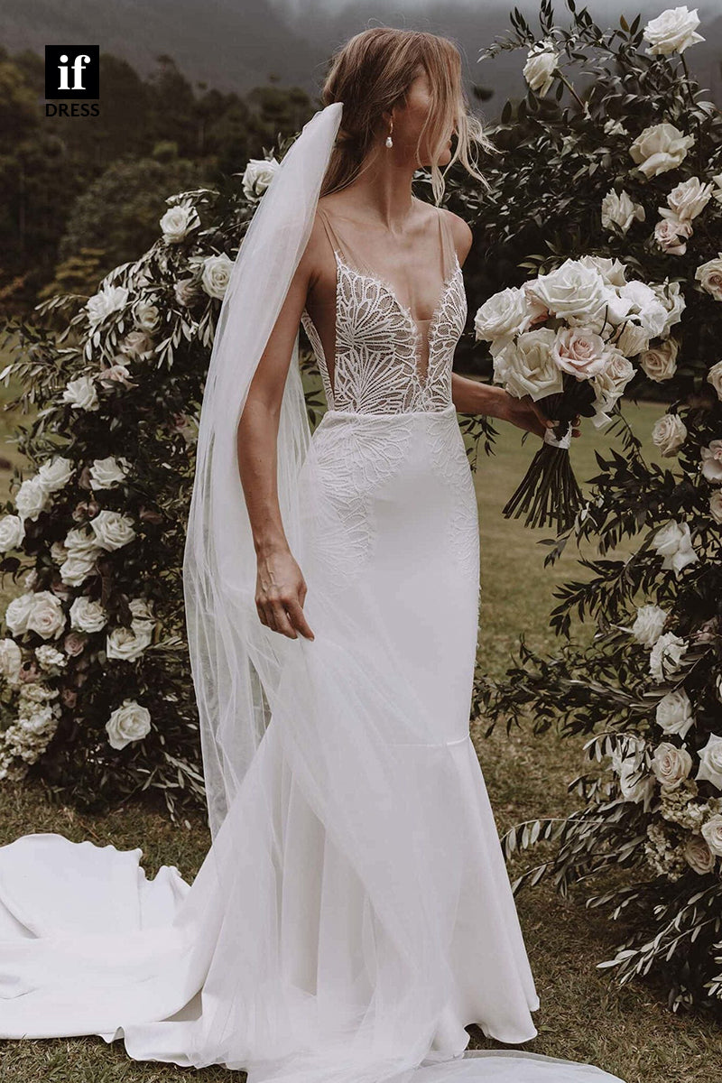 30568 - Illusion V-Neck Lace Appliques Mermaid Bohemian Wedding Dress