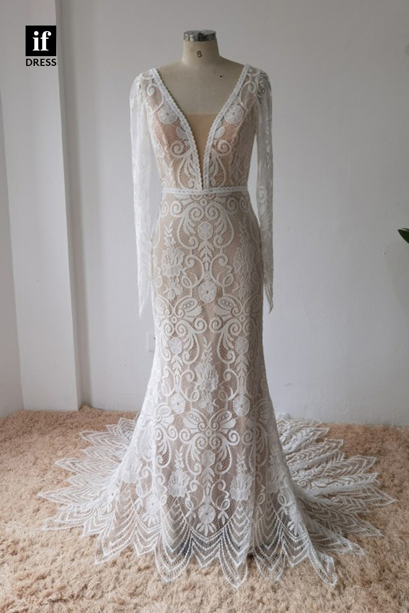 30574 - Plunging V-Neck Illusion Lace Wedding Dress with Sleeves