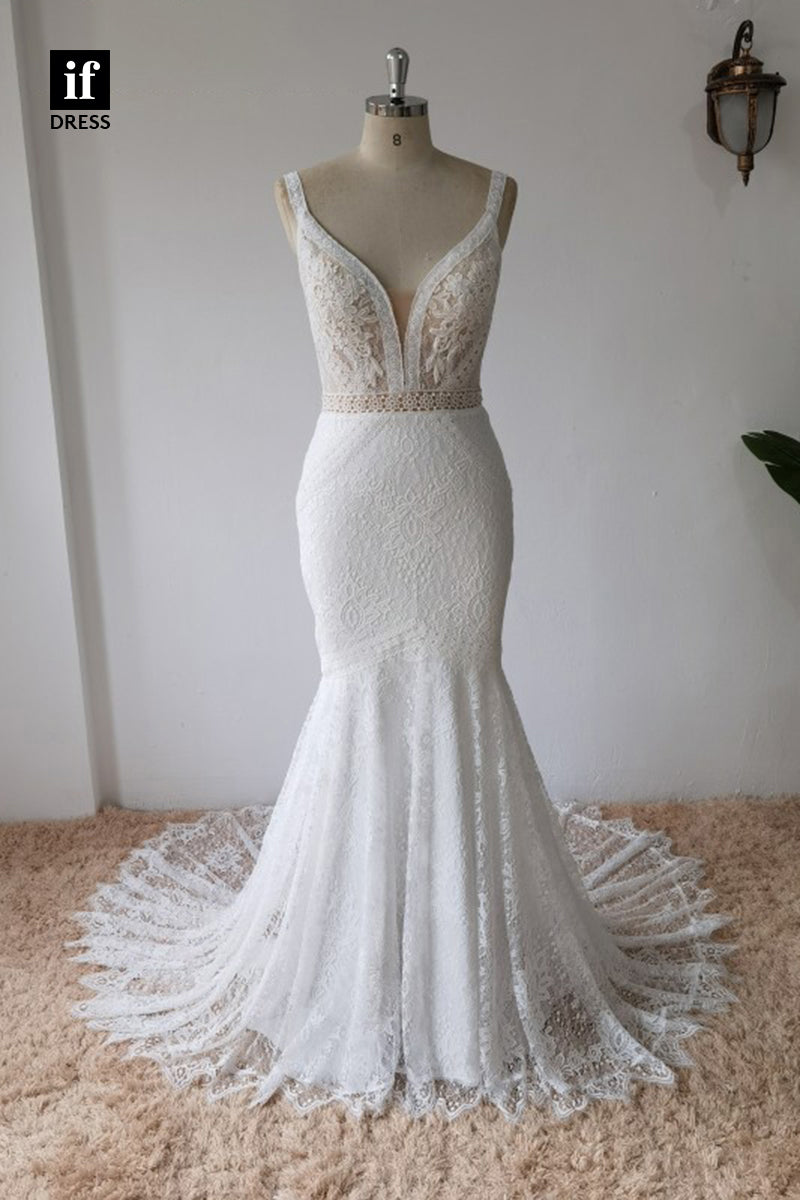 30577 - Plunging V-Neck Lace Mermaid Wedding Gown
