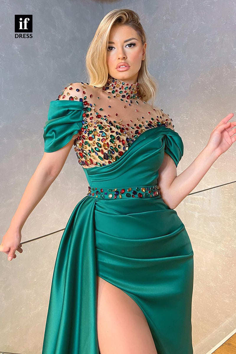31857 - High Neckline Beads Short Sleeves High Split Long Formal Evening Dress