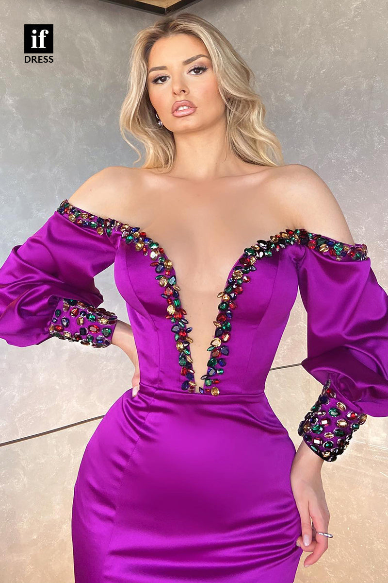 31859 - Illusion Plunging V-Neck Beads Long Sleeves Formal Evening Dress