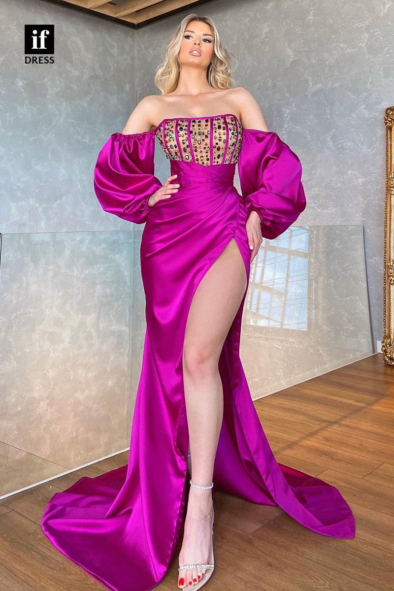 31860 - Stralpess Beads Long Sleeves Formal Evening Dress with Slit