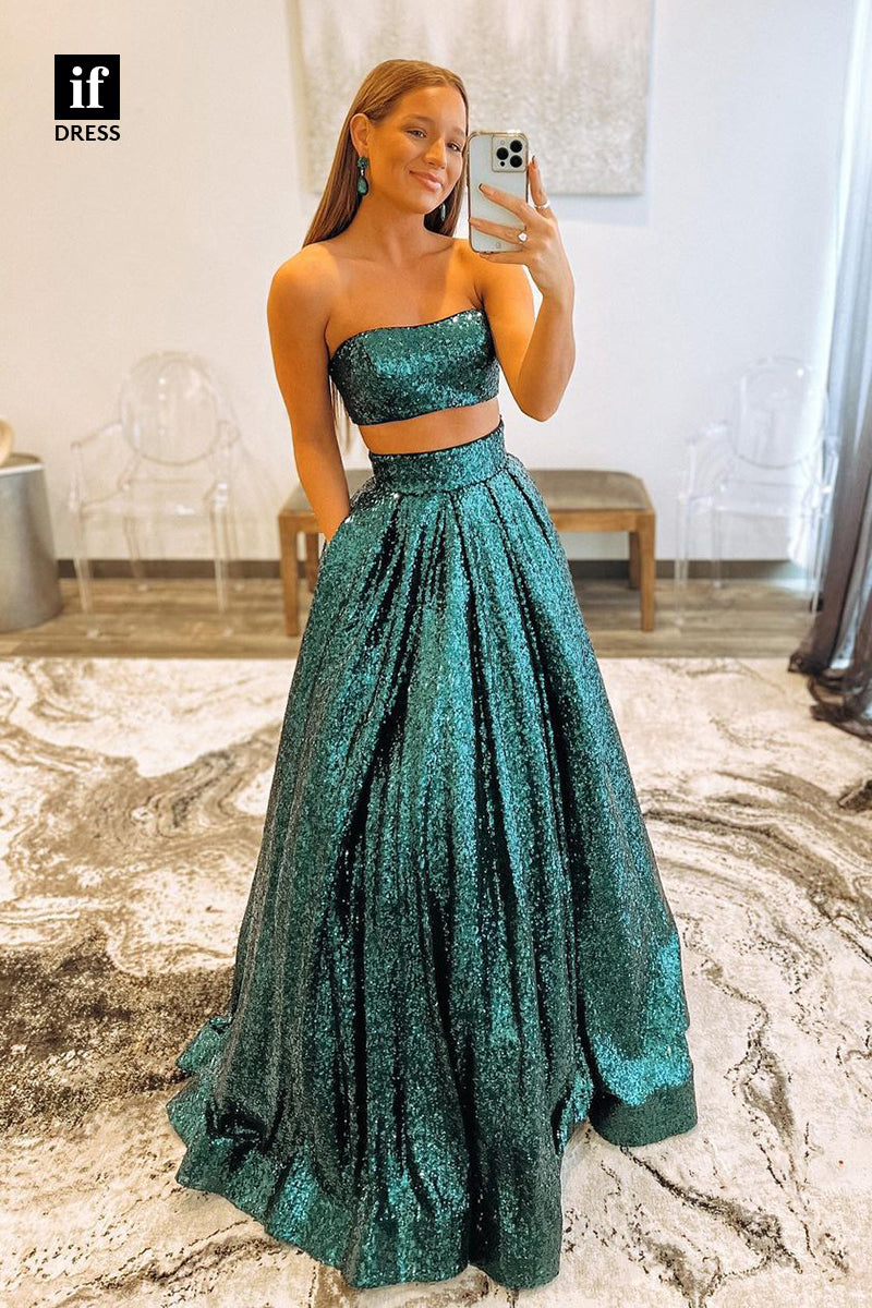 30826 - Strapless Green Sequins Two-Piece Prom Dress with Pockets