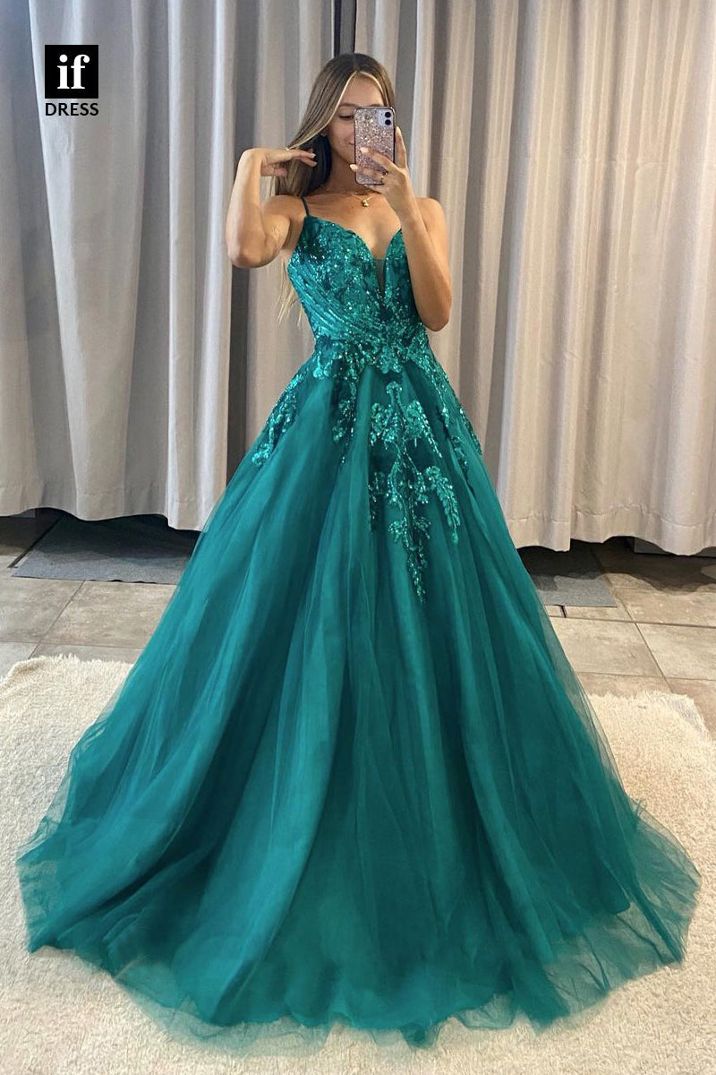 30831 - Women's Spaghetti Straps Lace Appliques Long Prom Dress|IFDRESS