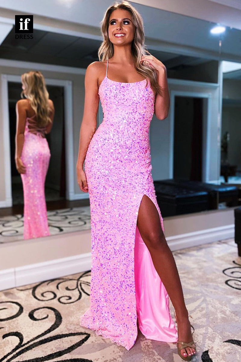 30832 - Women's Spaghetti Straps Pink Sequins Sparkly Prom Dress with Slit|IFDRESS