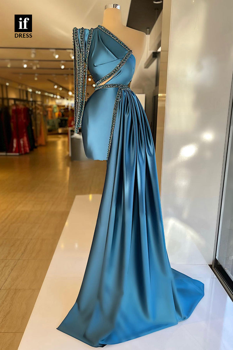 30914 - Unique One Shoulder Beads Blue Formal Evening Gowns