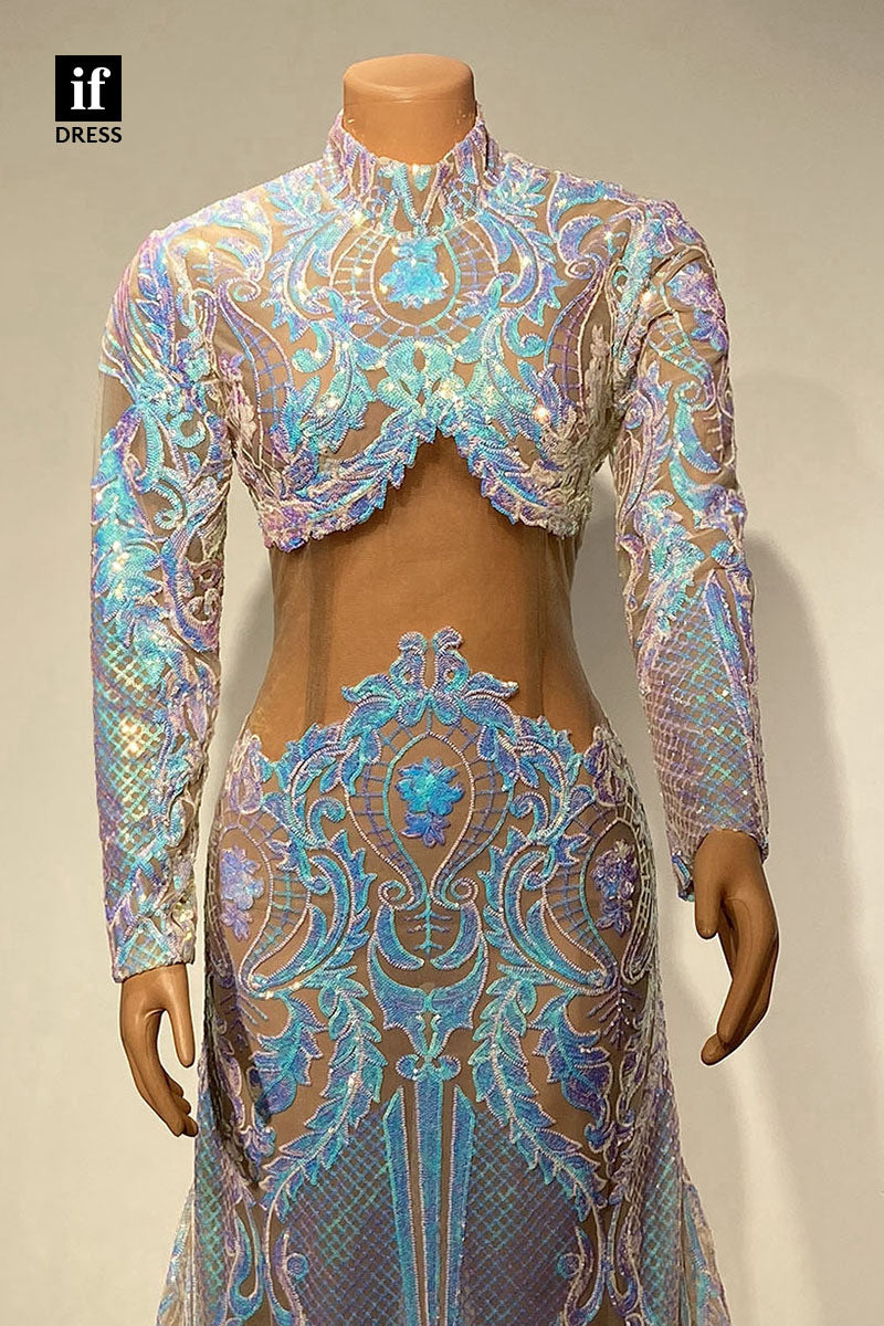 30940 - Chic High Neckline Sequins Appliques Long Sleeves Prom Dress Black Girls Slay