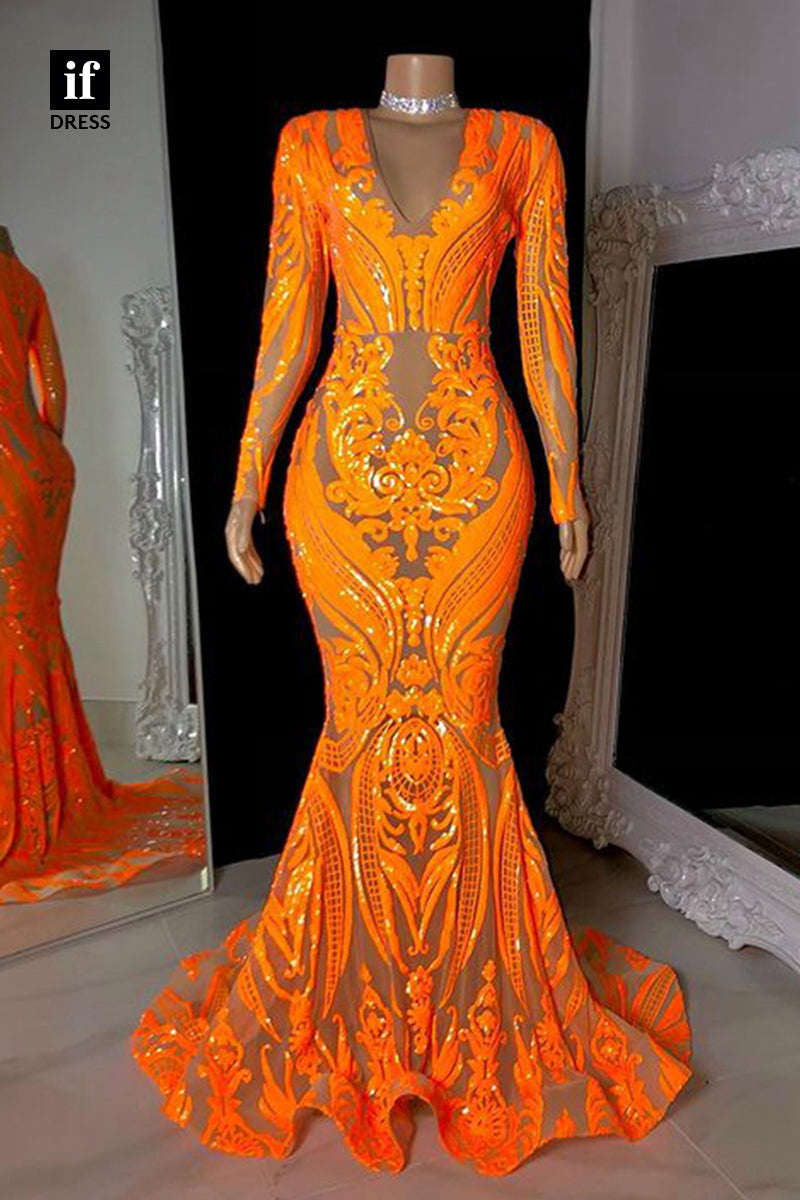 30942 - Sexy V-Neck Sequins Appliques Long Sleeves Mermaid Prom Dress Black Girls Slay