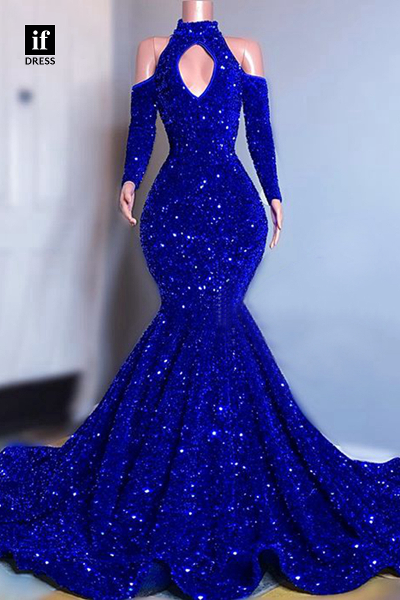 30943 - High Neckline Long Sleeves Mermaid Prom Dress for Black Girl Slay