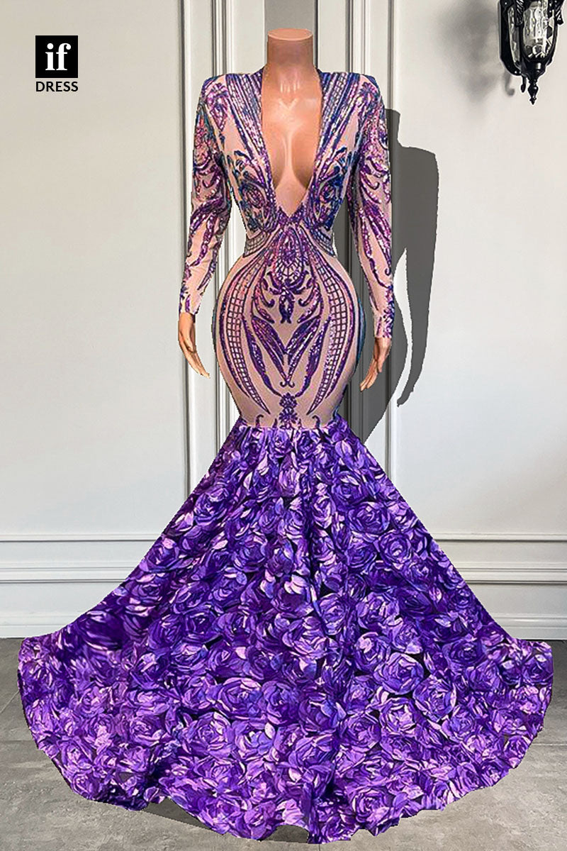 30944 - Plunging V-Neck Appliques Long Sleeves Mermaid Prom Dress for Black Girl Slay