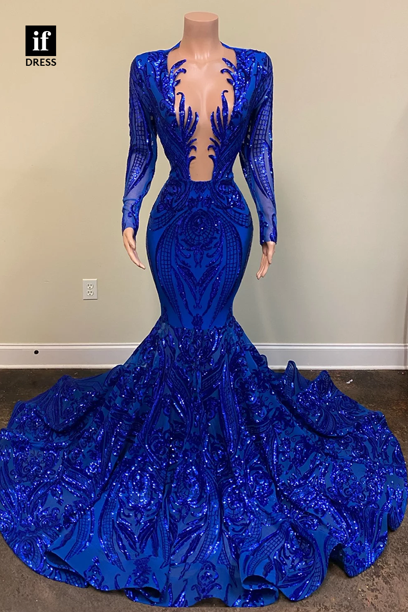 30945 - Attractive V-Neck Lace Appliques Long Sleeves Mermaid Prom Dress Black Girl Slay