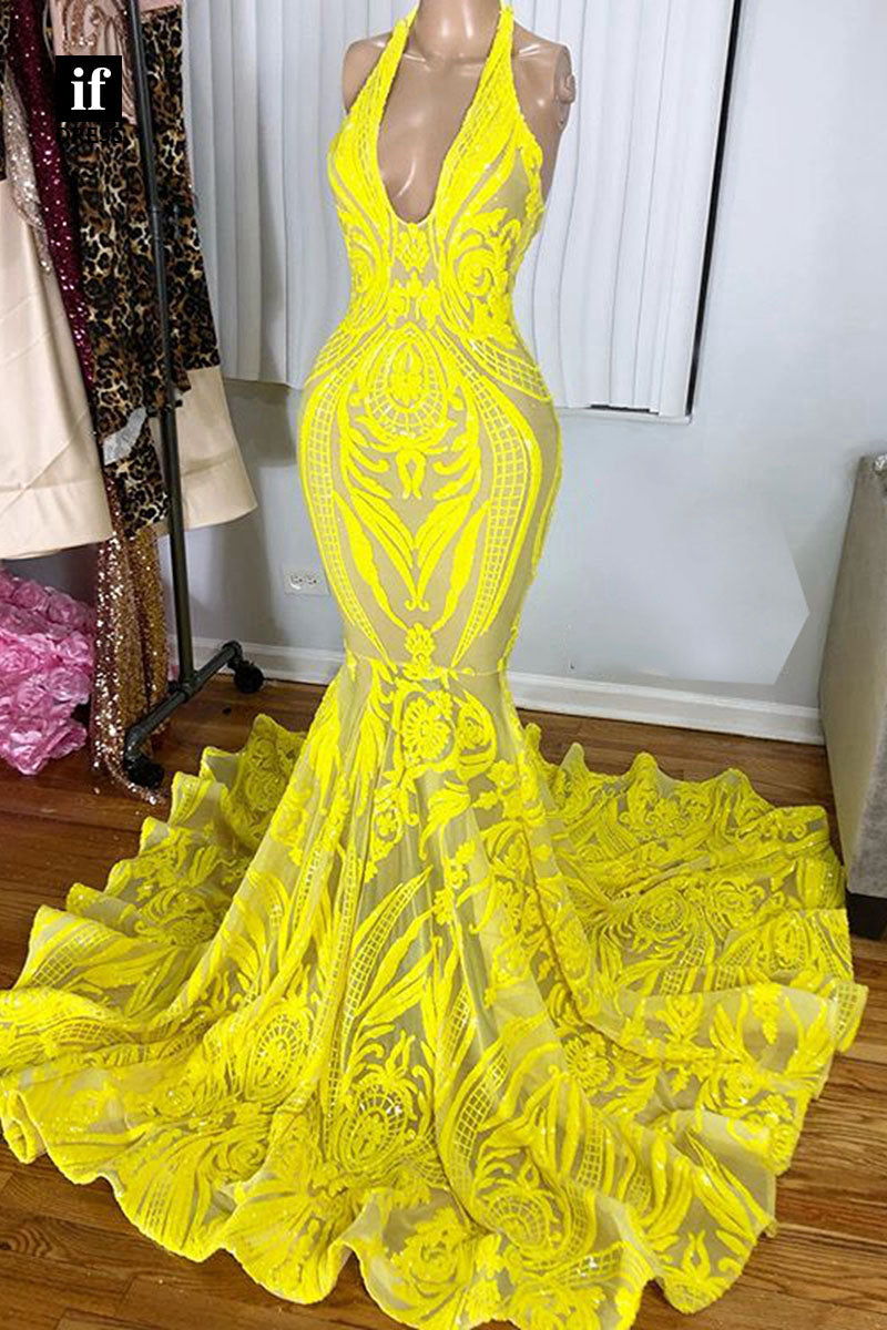 30946 - Unique Halter Sequins Appliques Mermaid Prom Dress Black Girl Slay