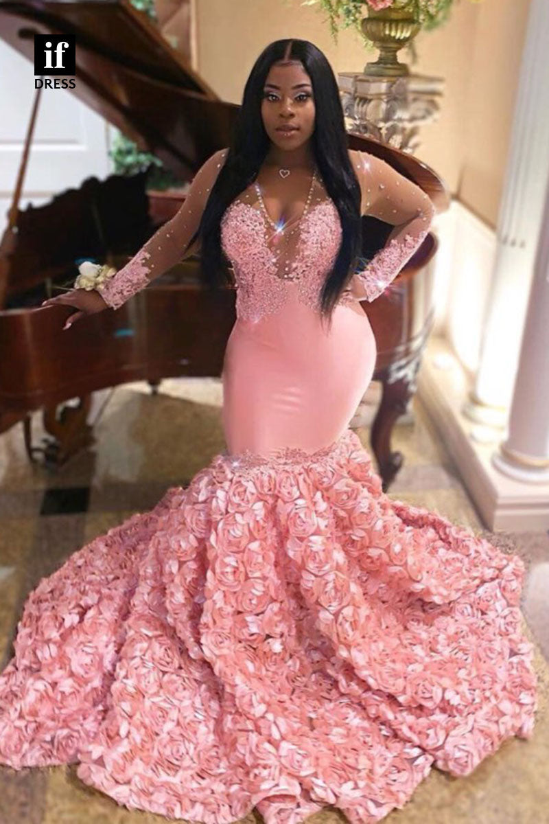 30947 - Sexy V-Neck Long Sleeves Pink Mermaid Prom Dress Black Girls Slay