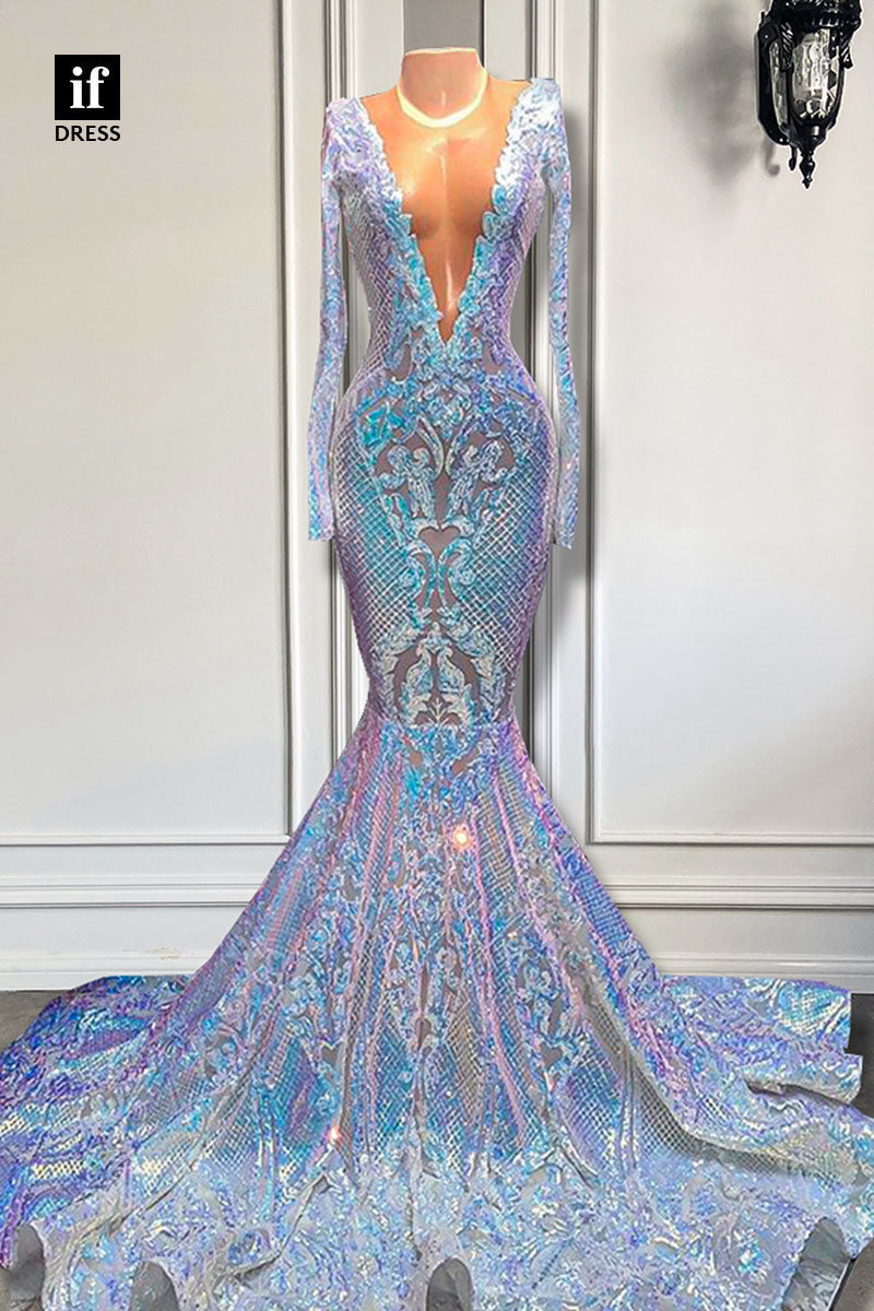 30948 - Plunging V-Neck Lace Appliques Mermaid Prom Dress Black Girls Slay