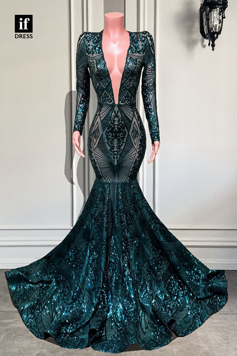 30949 - Attractive V-Neck Long Sleeves Mermaid Prom Dress Black Girls Slay