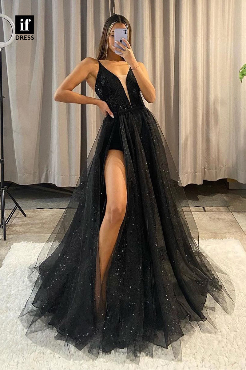 31847 - Plunging V-Neck High Split Black Tulle Long Prom Dress