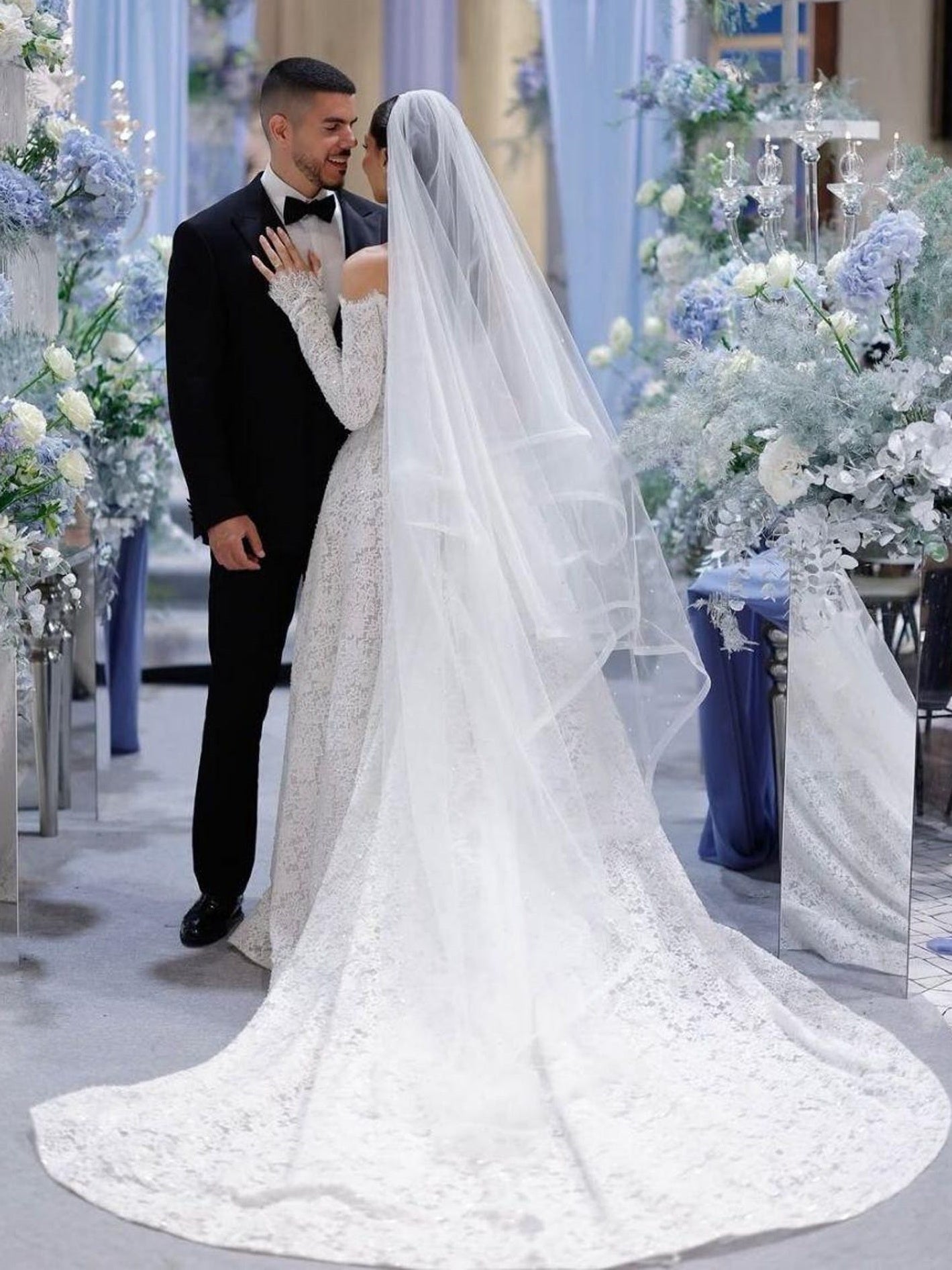 Off-the-Shoulder Long Sleeve Tiered Lace A-Line Wedding Gown