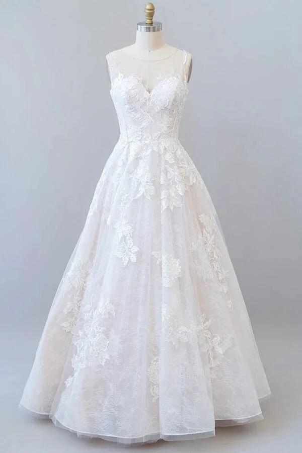 Illusion Appliques Tulle A-line Wedding Dress by misshow.com