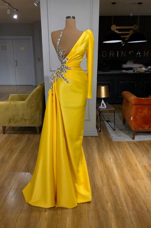 Illusion neck Bright Yellow One-Shoulder Bubble Sleeves Prom Dress