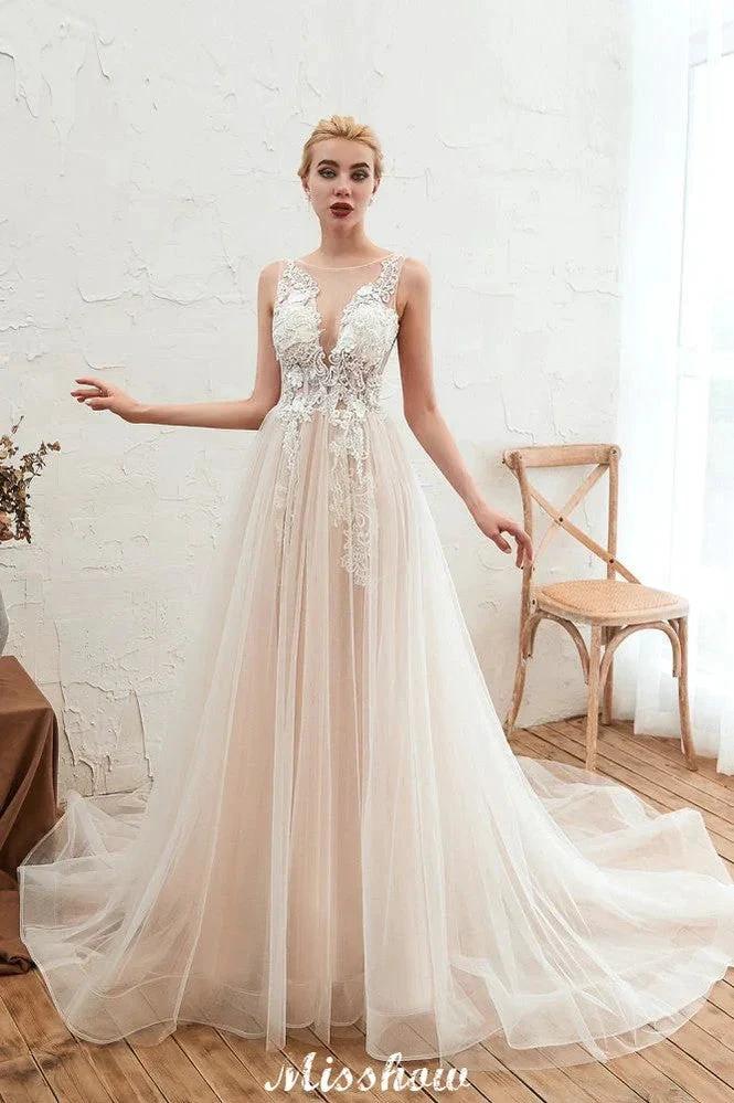 Illusion Neck Champagne Wedding Dress Sleeveless Summer Bridal Gown (ZD13980)