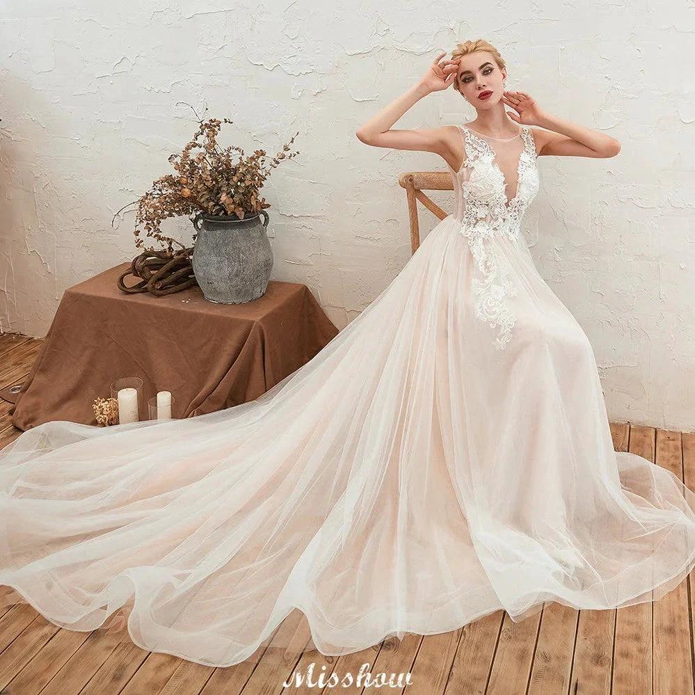 Illusion Neck Champagne Wedding Dress Sleeveless Summer Bridal Gown by misshow.com