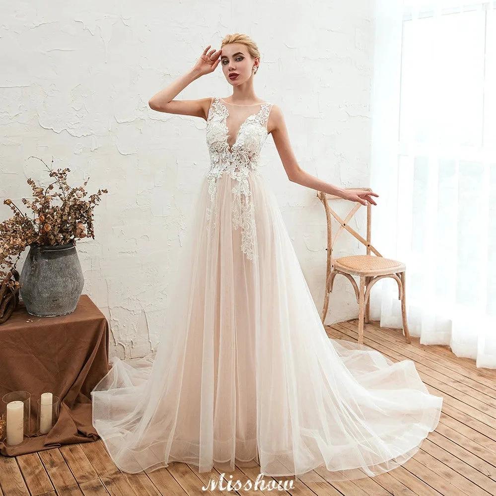 Illusion Neck Champagne Wedding Dress Sleeveless Summer Bridal Gown (ZD13980)