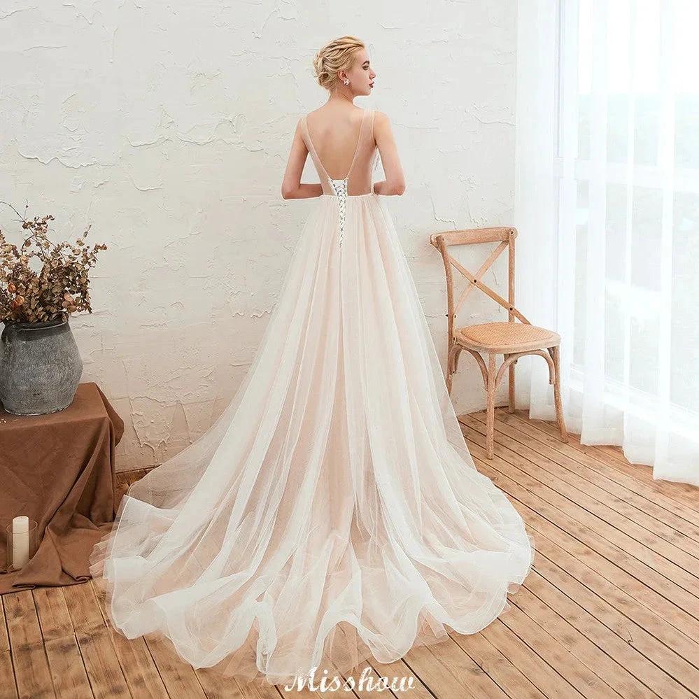 Illusion Neck Champagne Wedding Dress Sleeveless Summer Bridal Gown (ZD13980)