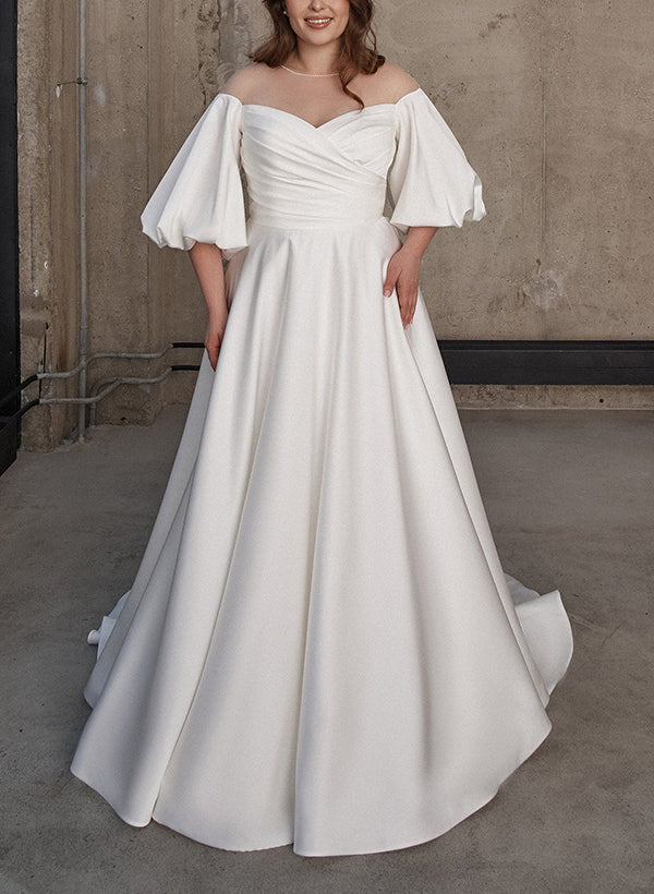 Illusion Neck Chic A-Line Satin Wedding Dress Half Sleeves Sweep Train