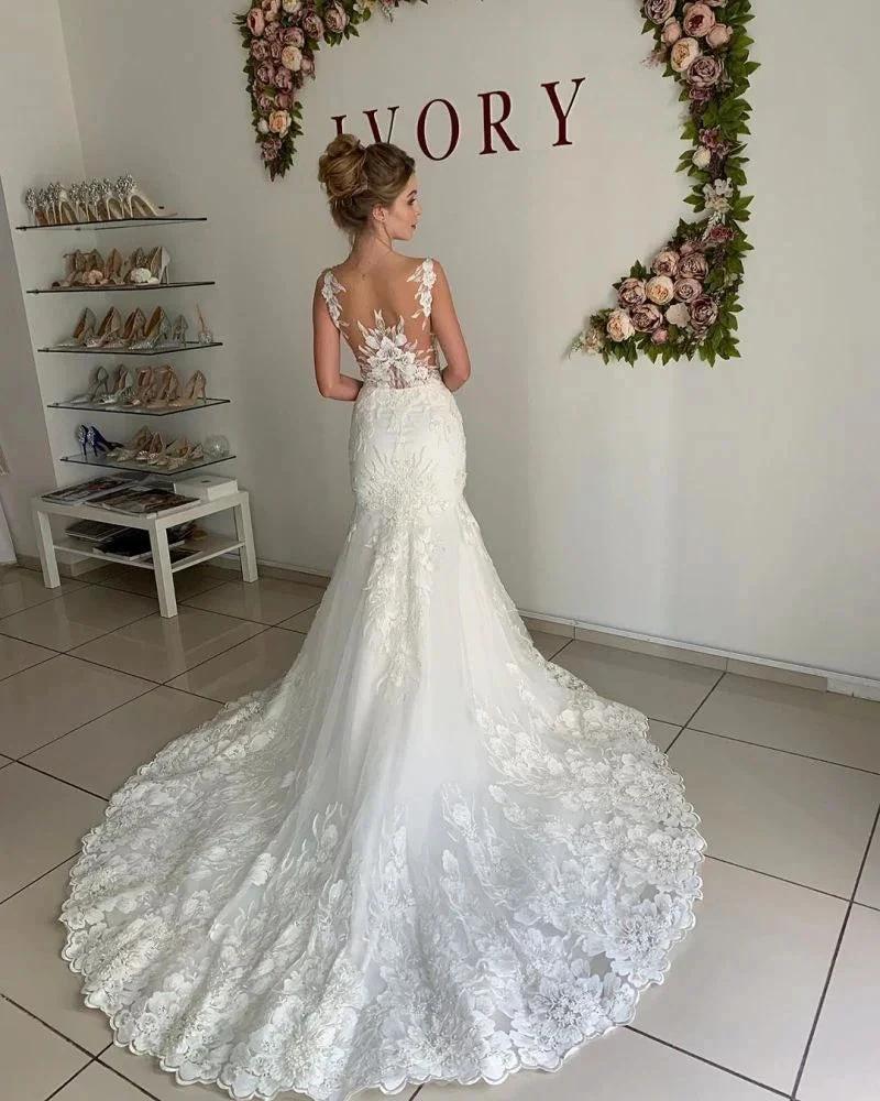 Illusion neck Lace Sleeveless Mermaid Wedding Dress (ZD13825)